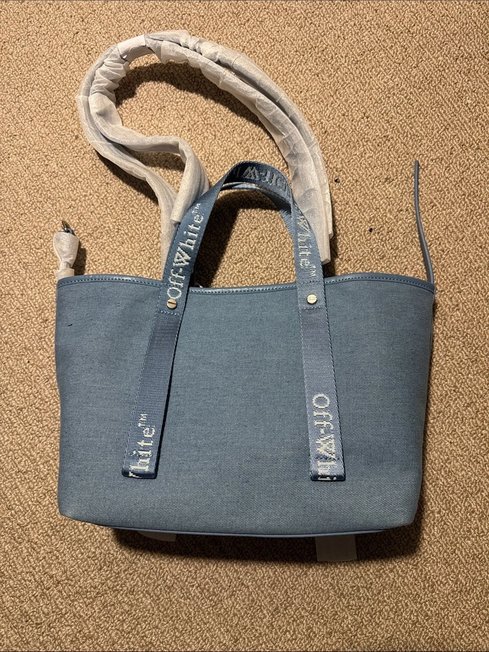 Off-White Blue Canvas Tote with Signature Stitch Motif